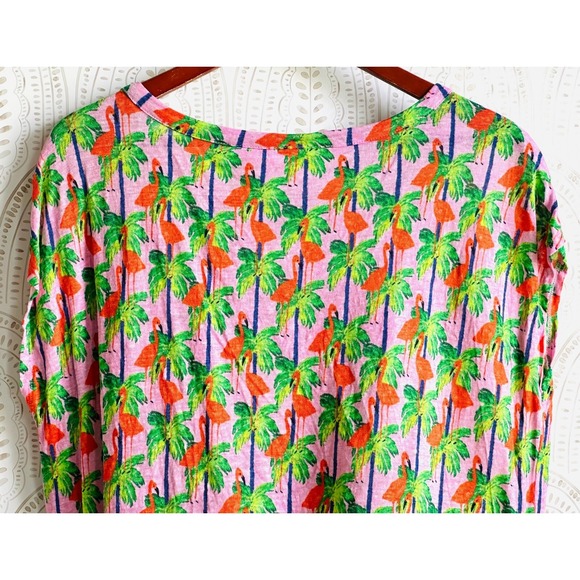 BOUFFANTS + BROKEN HEARTS Womens L Pink Flamingo & Palm Tree Linen Boxy Crop Tee - Picture 5 of 10